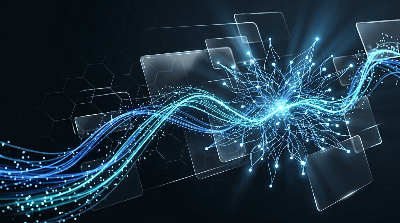 Redes de datos y flujos luminosos en tonos azul cian sobre fondo oscuro, evocando IA y sistemas conectados