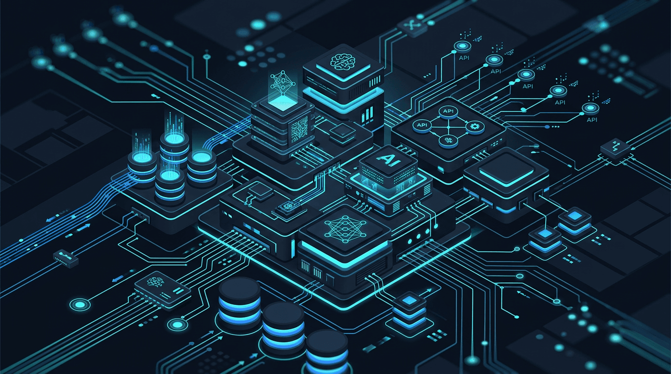 Módulos y conexiones abstractas que representan sistemas de IA, integraciones y orquestación empresarial